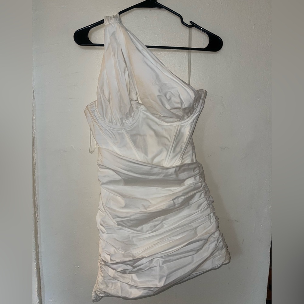 House of CB White One-Shoulder Ruched Mini Dress